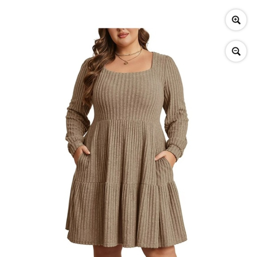 Long Sleeve Ribbed Dress in Tan